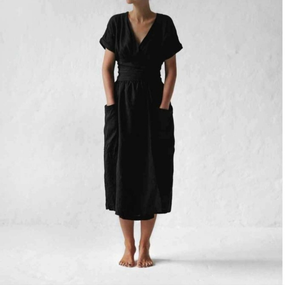 Linen Midi Wrap Dress Black Size Small - Picture 1 of 8